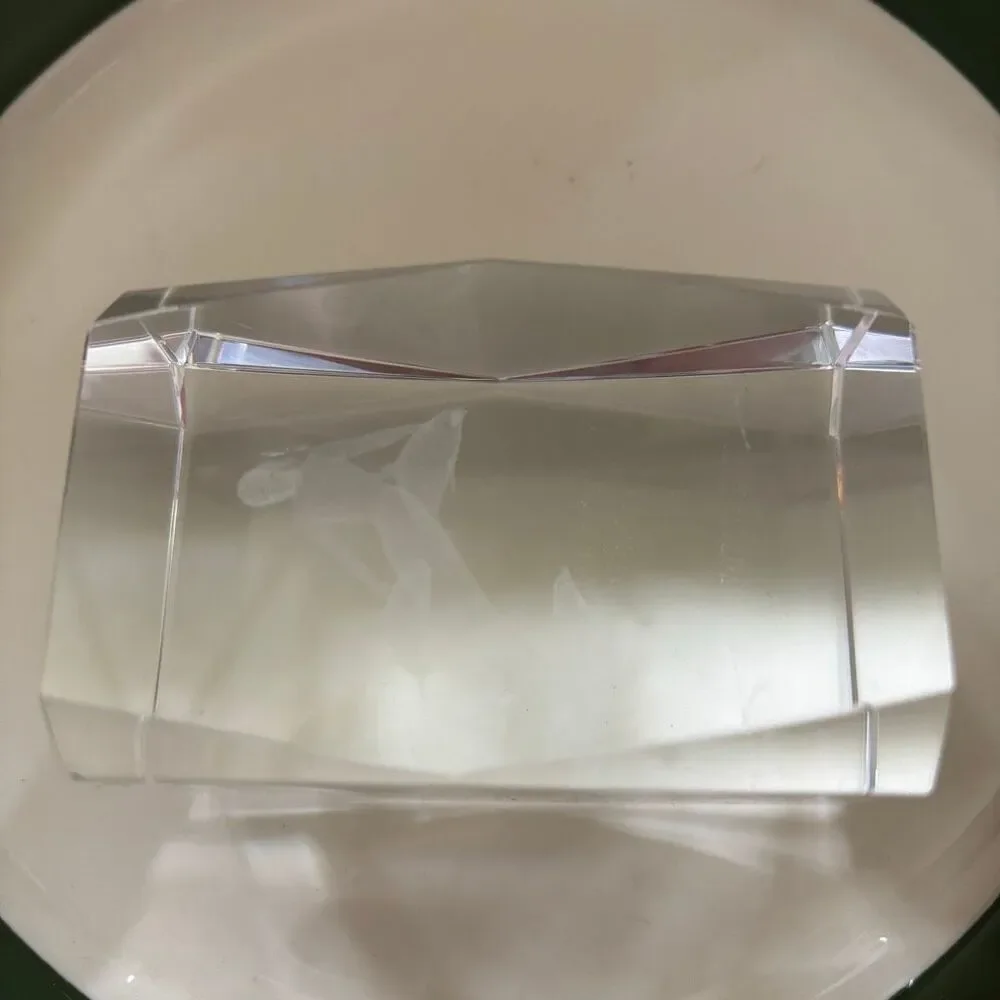 Vintage 3D Laser Etched Crystal Glass Paperweight Mermaid Dolphins with Box